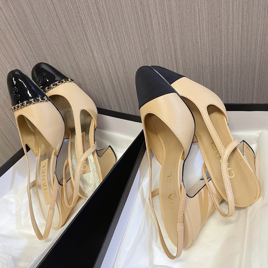 CC 26s Slingbacks 9.5cm Heels Beige Black Leather Patent Canvas 108831