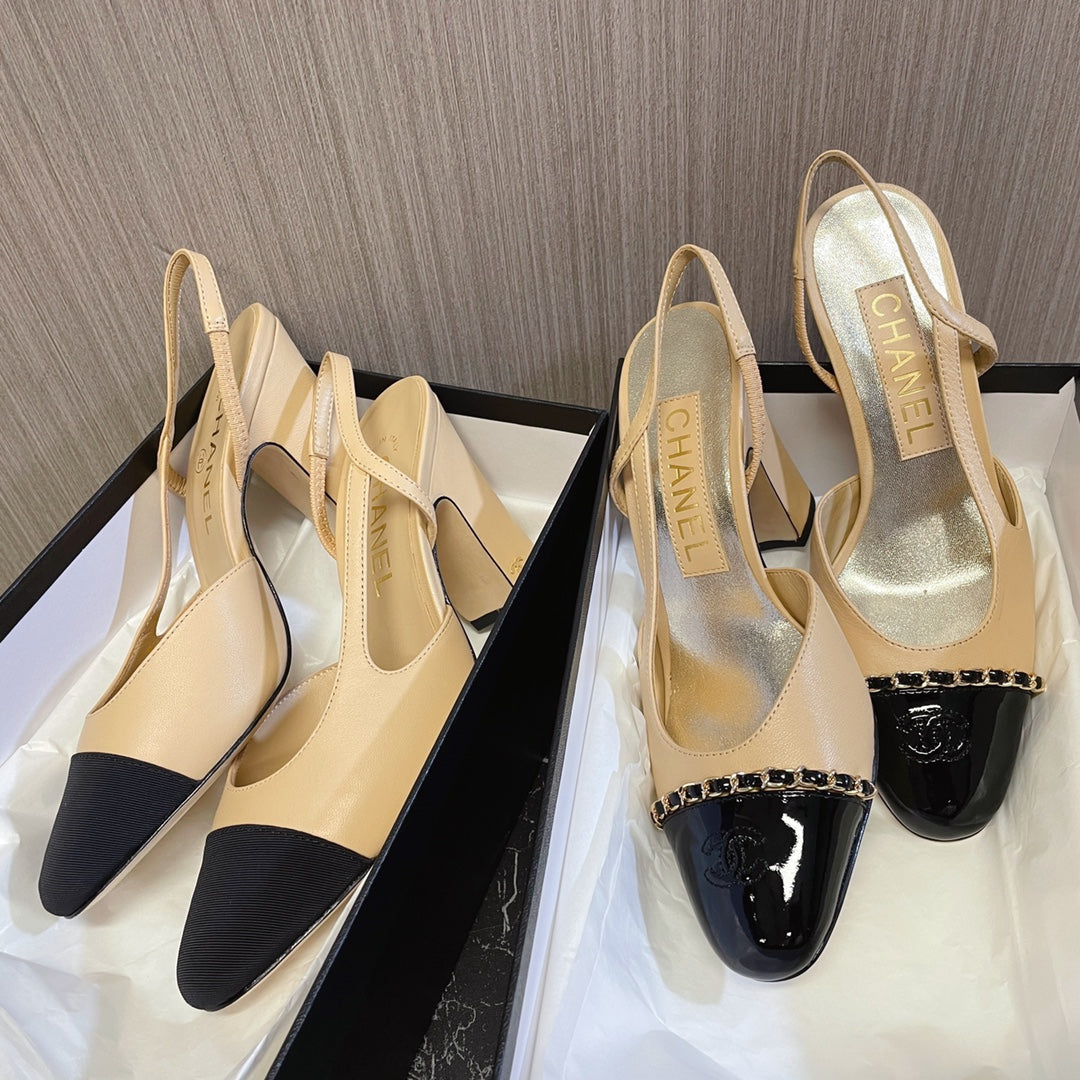 CC 26s Slingbacks 9.5cm Heels Beige Black Leather Patent Canvas 108831