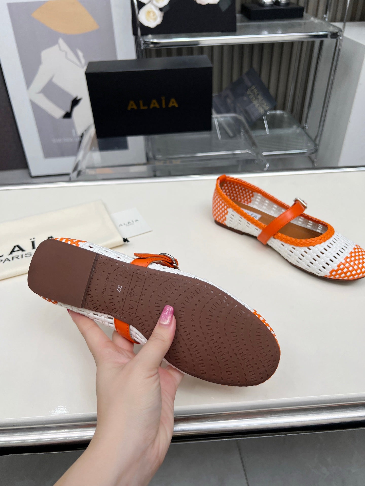 Alaia Mary Jane Flats Woven Pattern White Orange Calfskin 714953