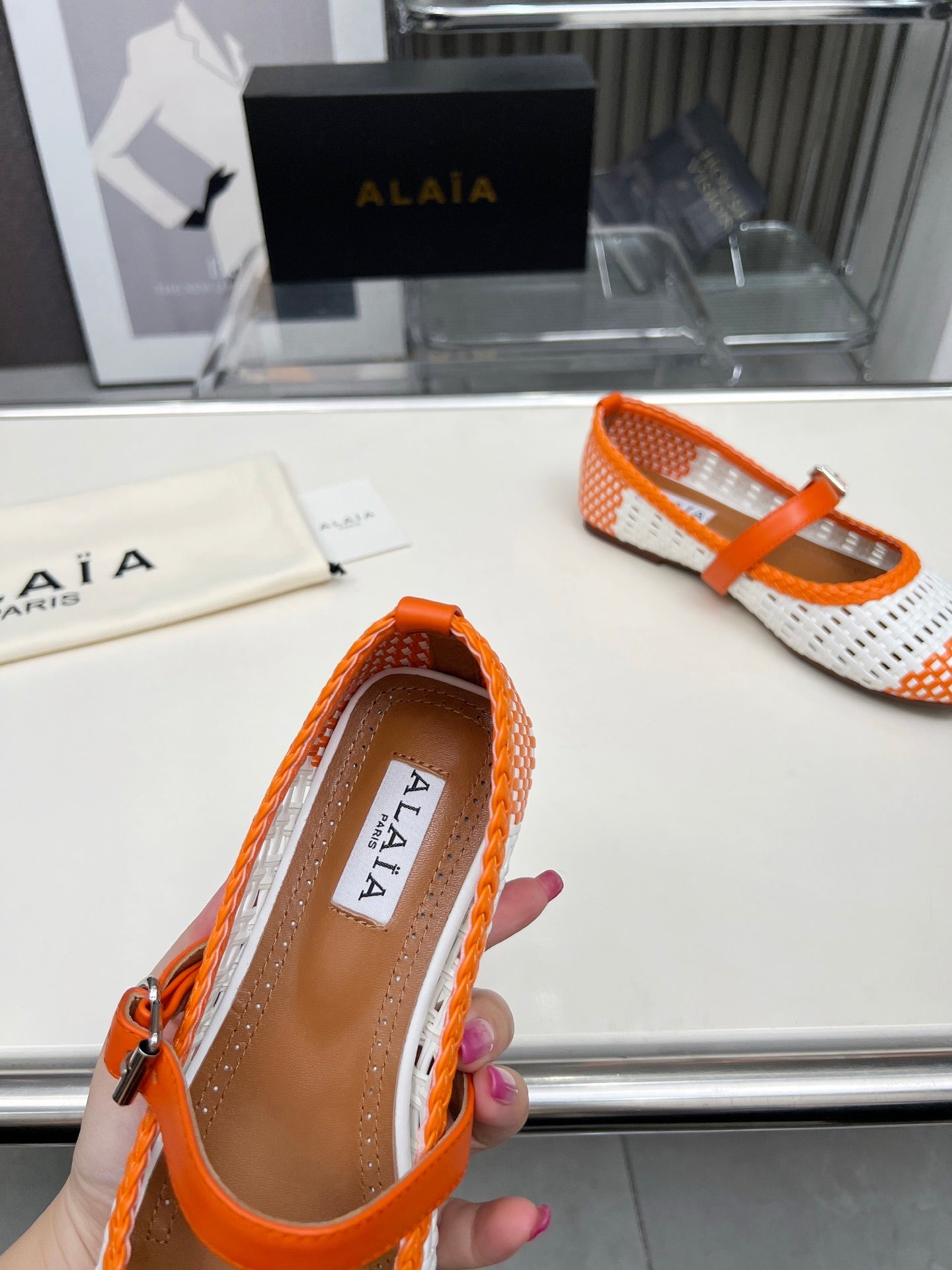 Alaia Mary Jane Flats Woven Pattern White Orange Calfskin 714953