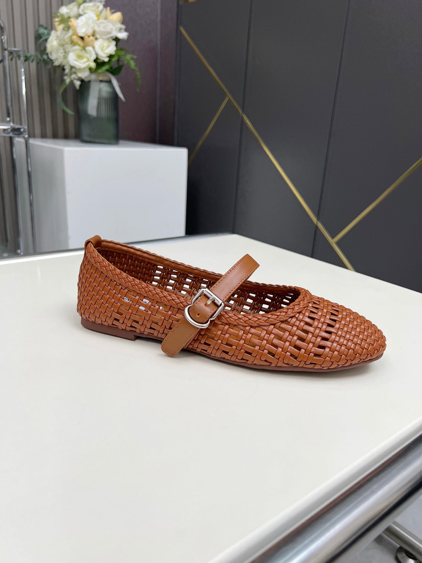 Alaia Mary Jane Flats Woven Pattern Brown Calfskin 714955