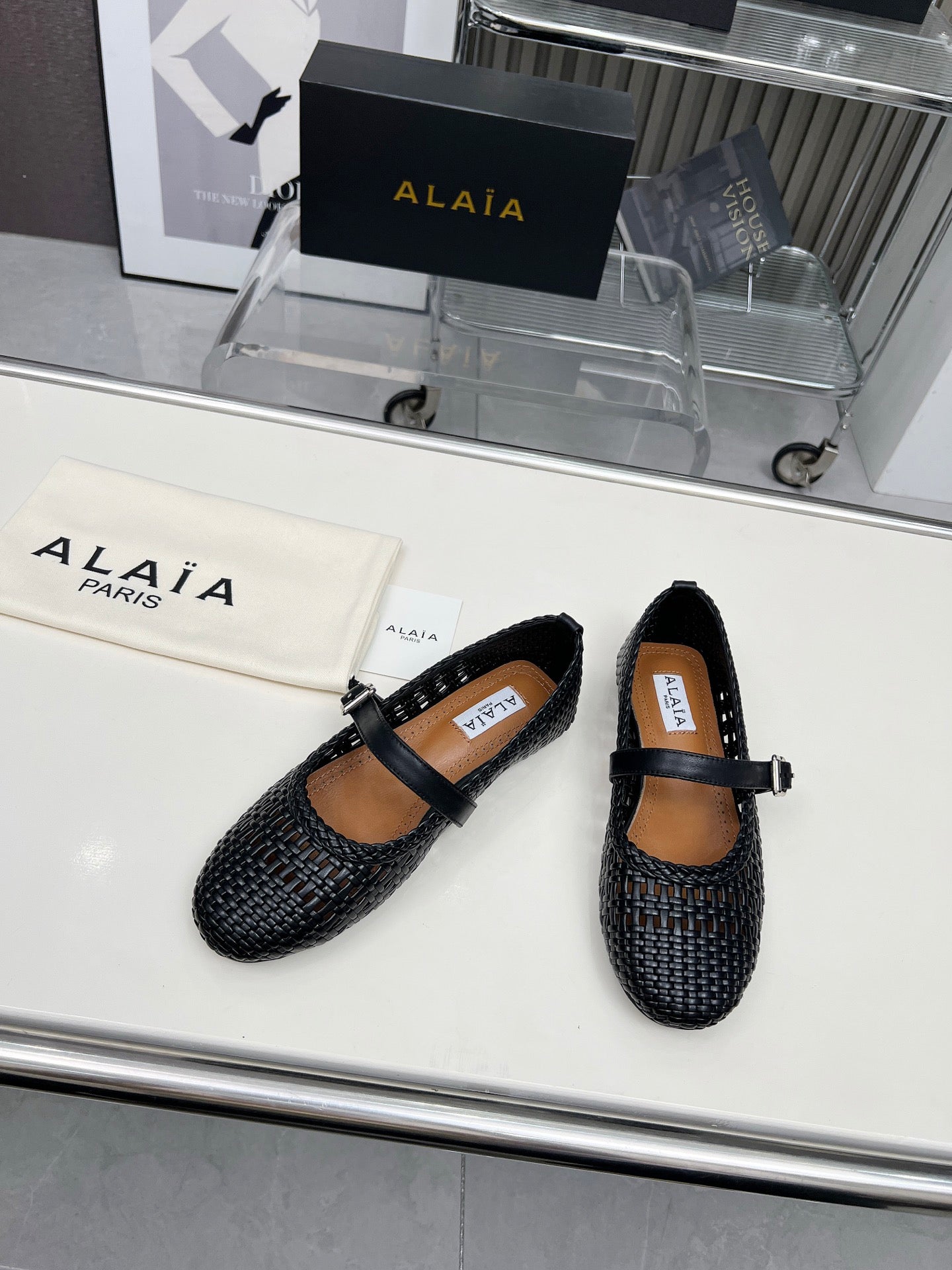 Alaia Mary Jane Flats Woven Pattern Black Calfskin 714954
