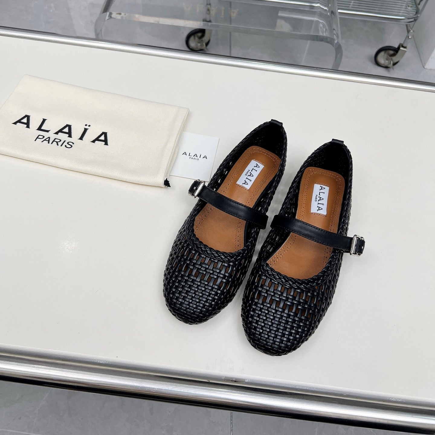 Alaia Mary Jane Flats Woven Pattern Black Calfskin 714954