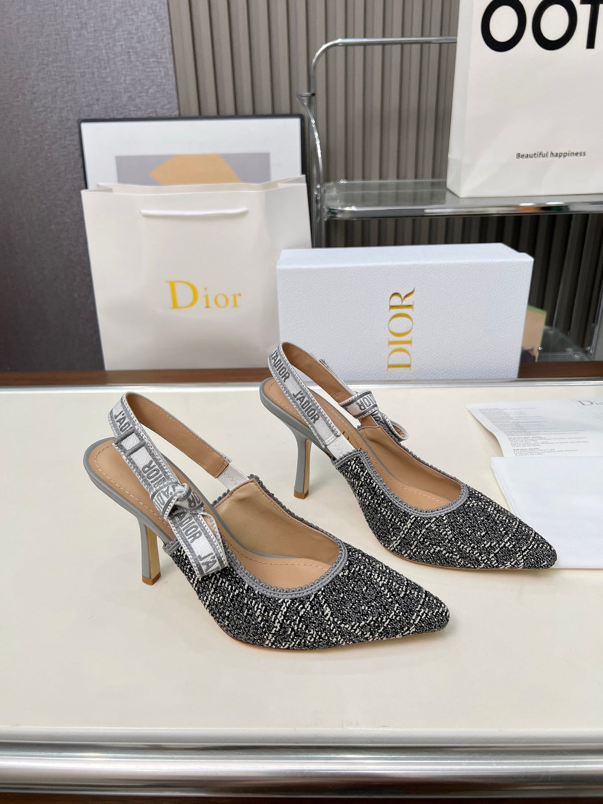 CD 26s J'Adior Slingback Pumps Grey Tweed Calfskin 153616