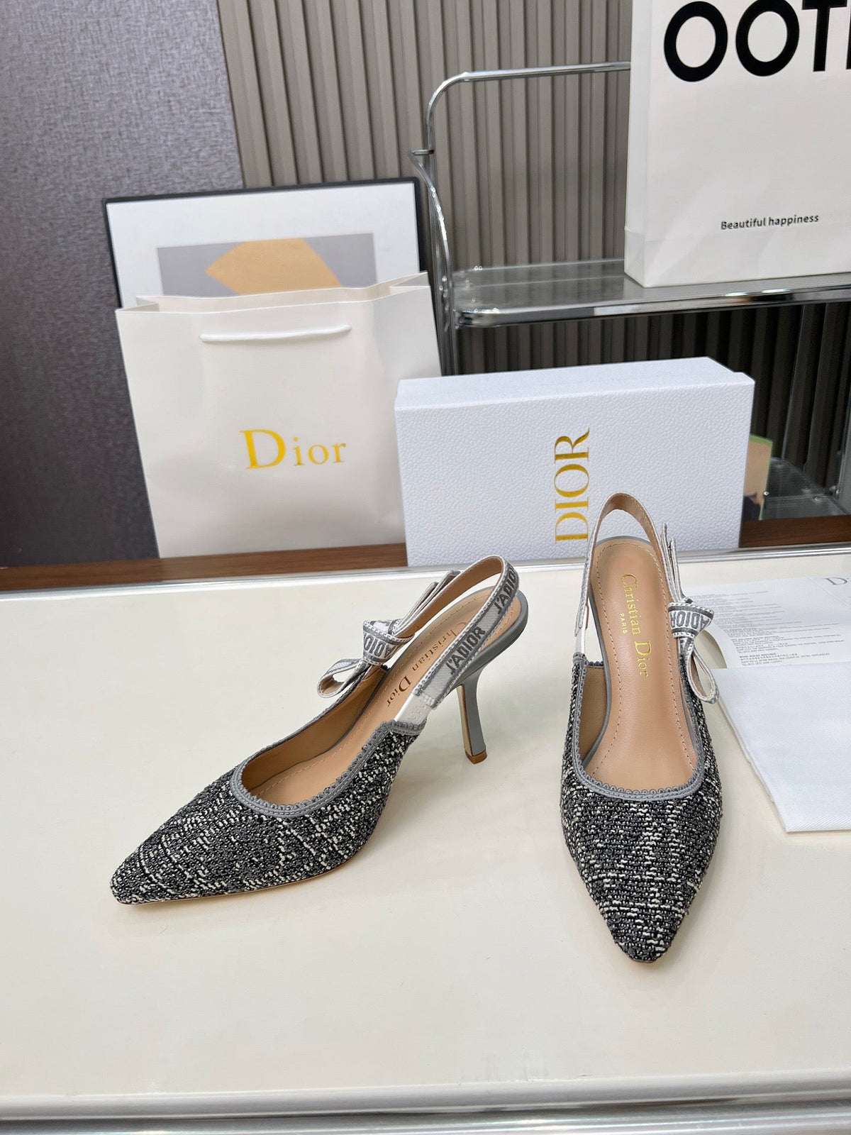 CD 26s J'Adior Slingback Pumps Grey Tweed Calfskin 153616