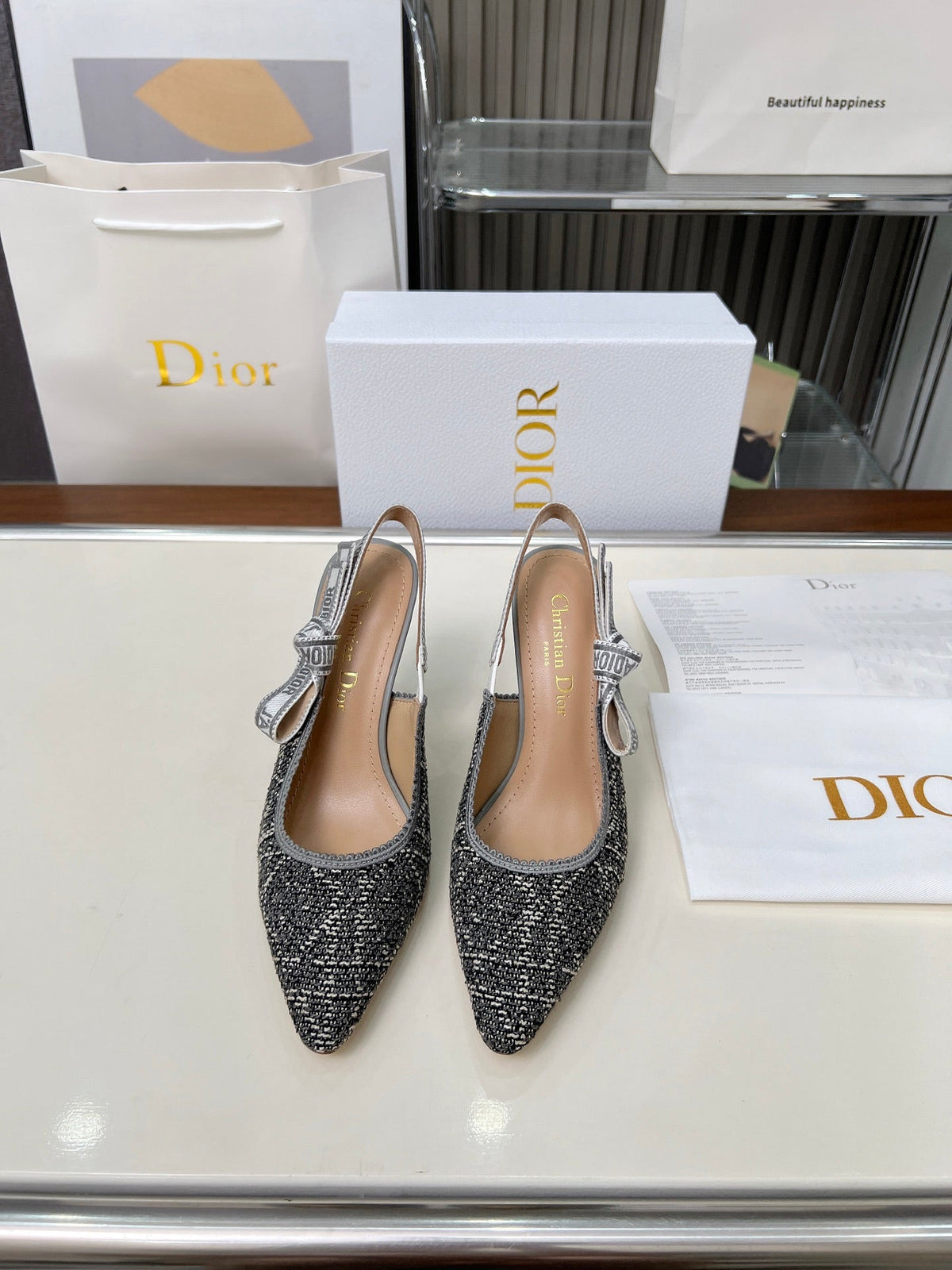 CD 26s J'Adior Slingback Pumps Grey Tweed Calfskin 153616