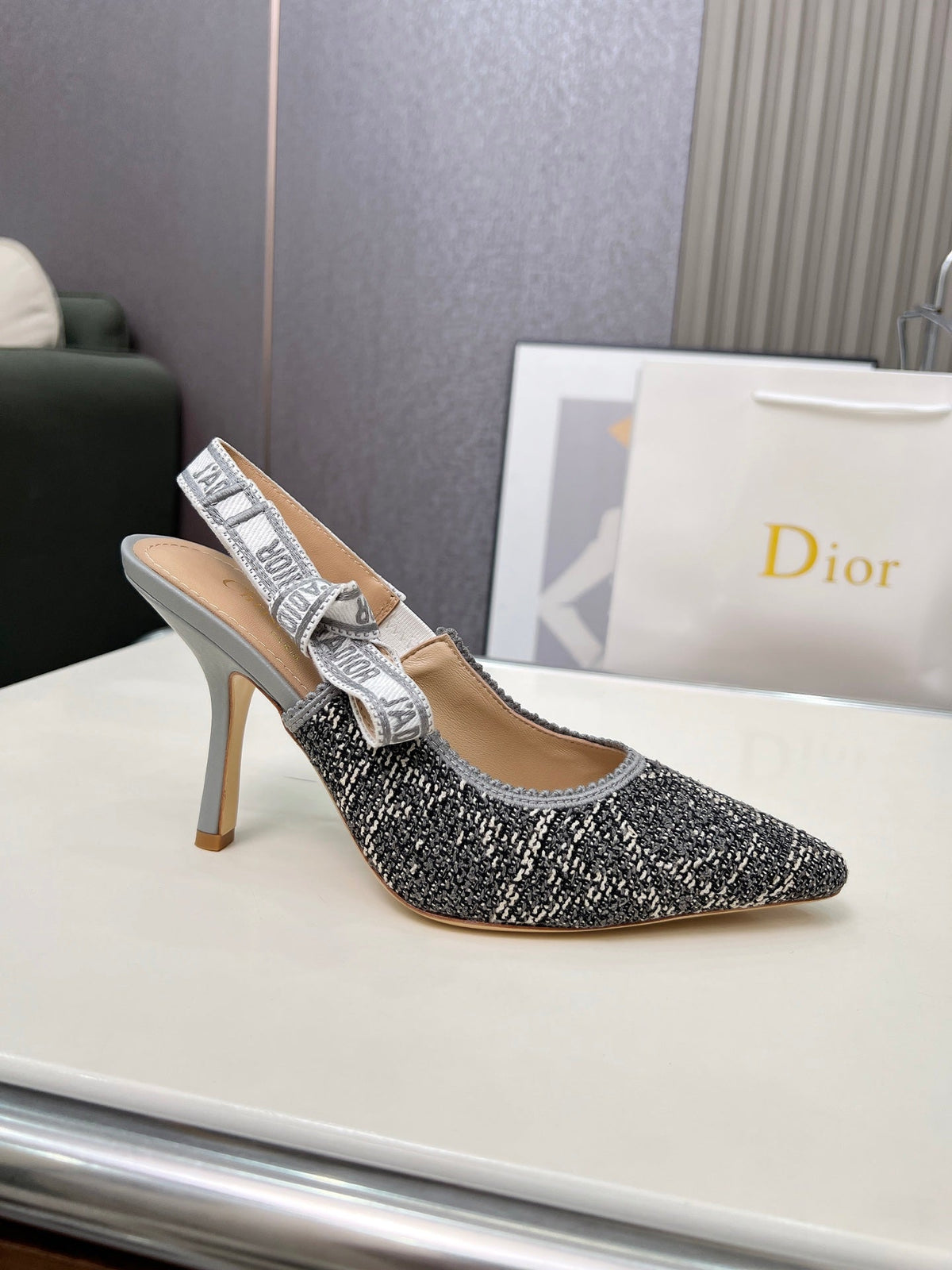 CD 26s J'Adior Slingback Pumps Grey Tweed Calfskin 153616
