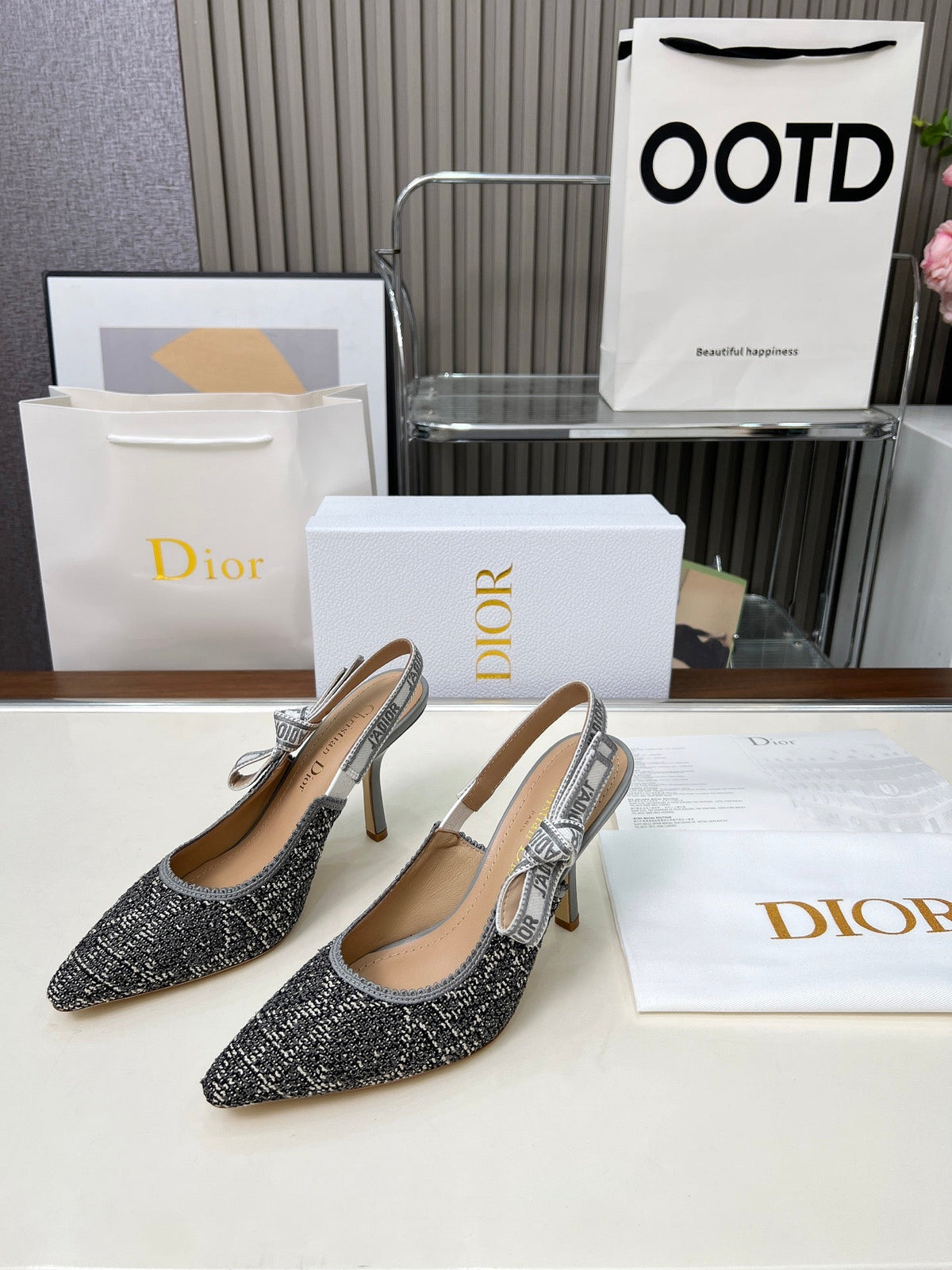 CD 26s J'Adior Slingback Pumps Grey Tweed Calfskin 153616