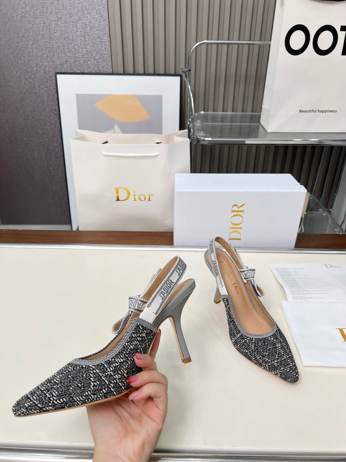 CD 26s J'Adior Slingback Pumps Grey Tweed Calfskin 153616