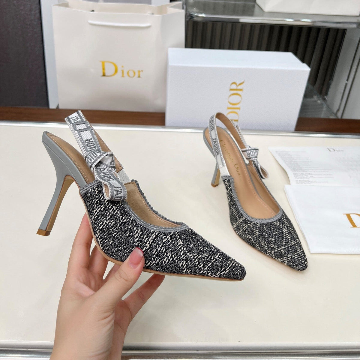 CD 26s J'Adior Slingback Pumps Grey Tweed Calfskin 153616