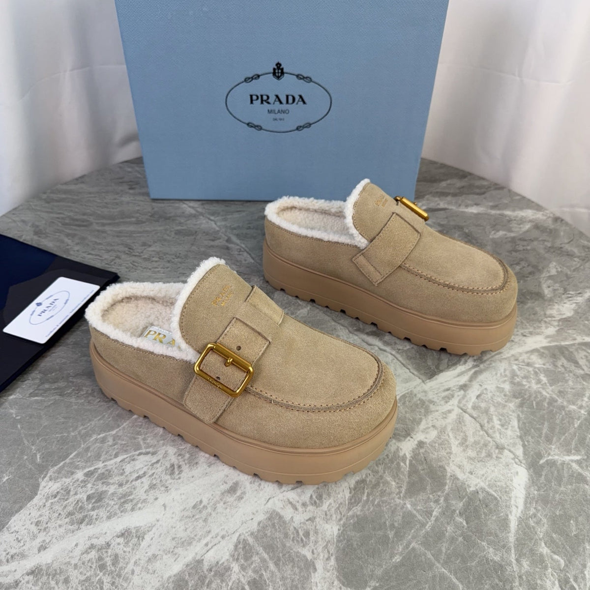 Prada 26s Mules Camel Suede Shearling 157668