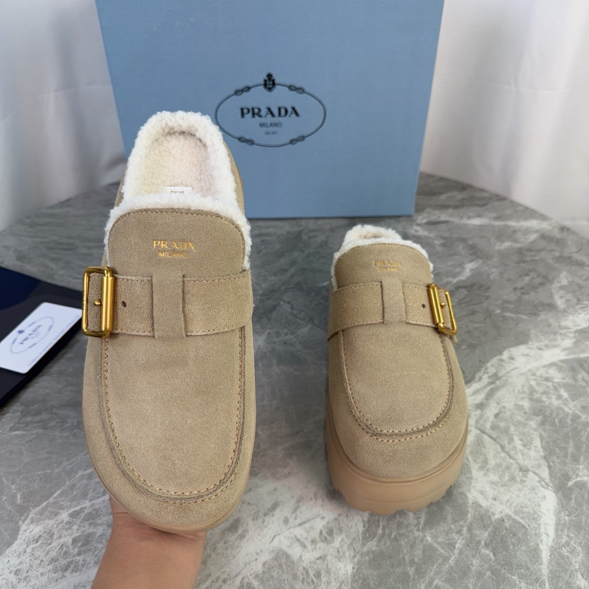 Prada 26s Mules Camel Suede Shearling 157668