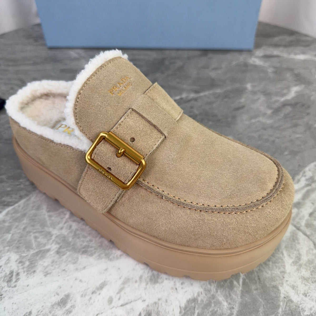 Prada 26s Mules Camel Suede Shearling 157668