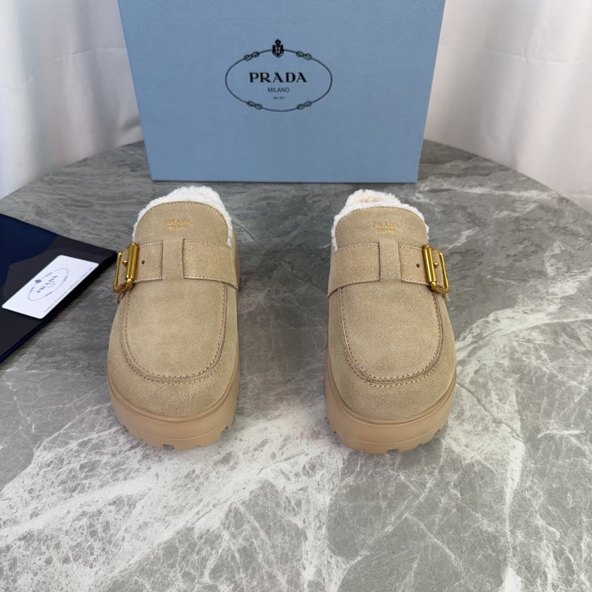 Prada 26s Mules Camel Suede Shearling 157668