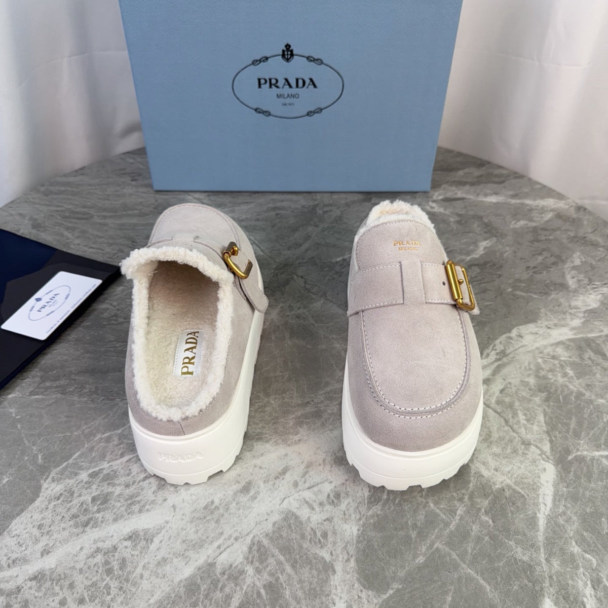 Prada 26s Mules Beige Suede Shearling 157669