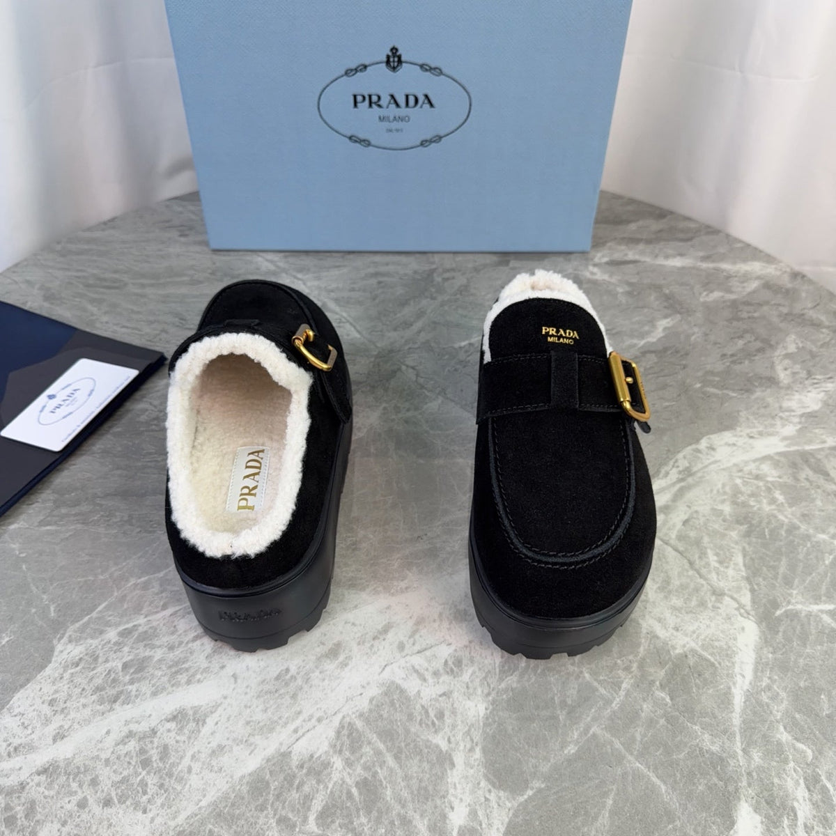 Prada 26s Mules Black Suede Shearling 157670