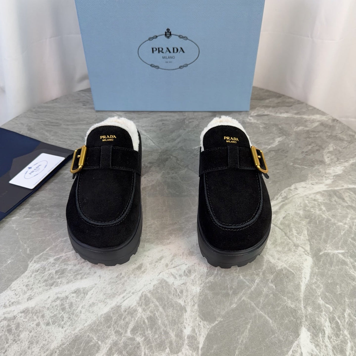 Prada 26s Mules Black Suede Shearling 157670
