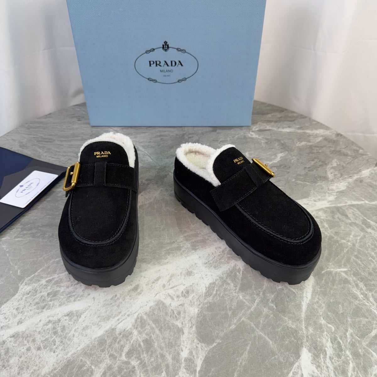 Prada 26s Mules Black Suede Shearling 157670