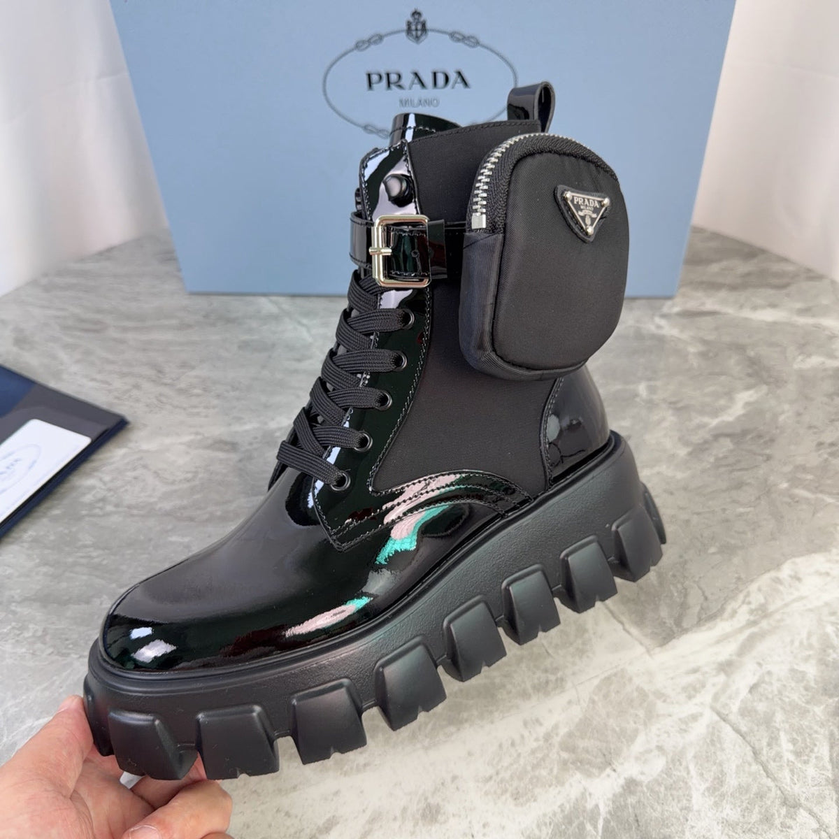 Prada 26s Monolith Boots Black Patent Leather 157671