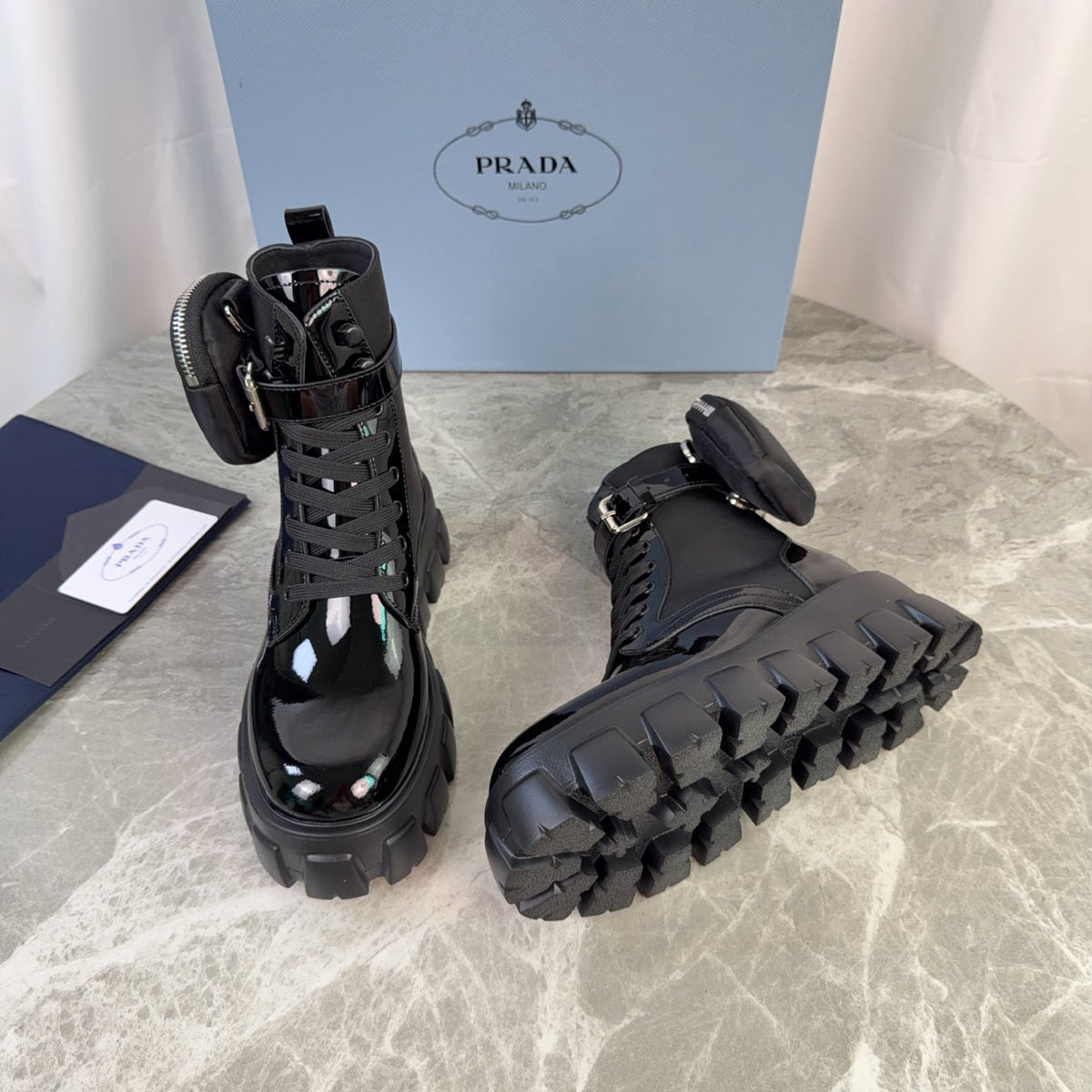 Prada 26s Monolith Boots Black Patent Leather 157671