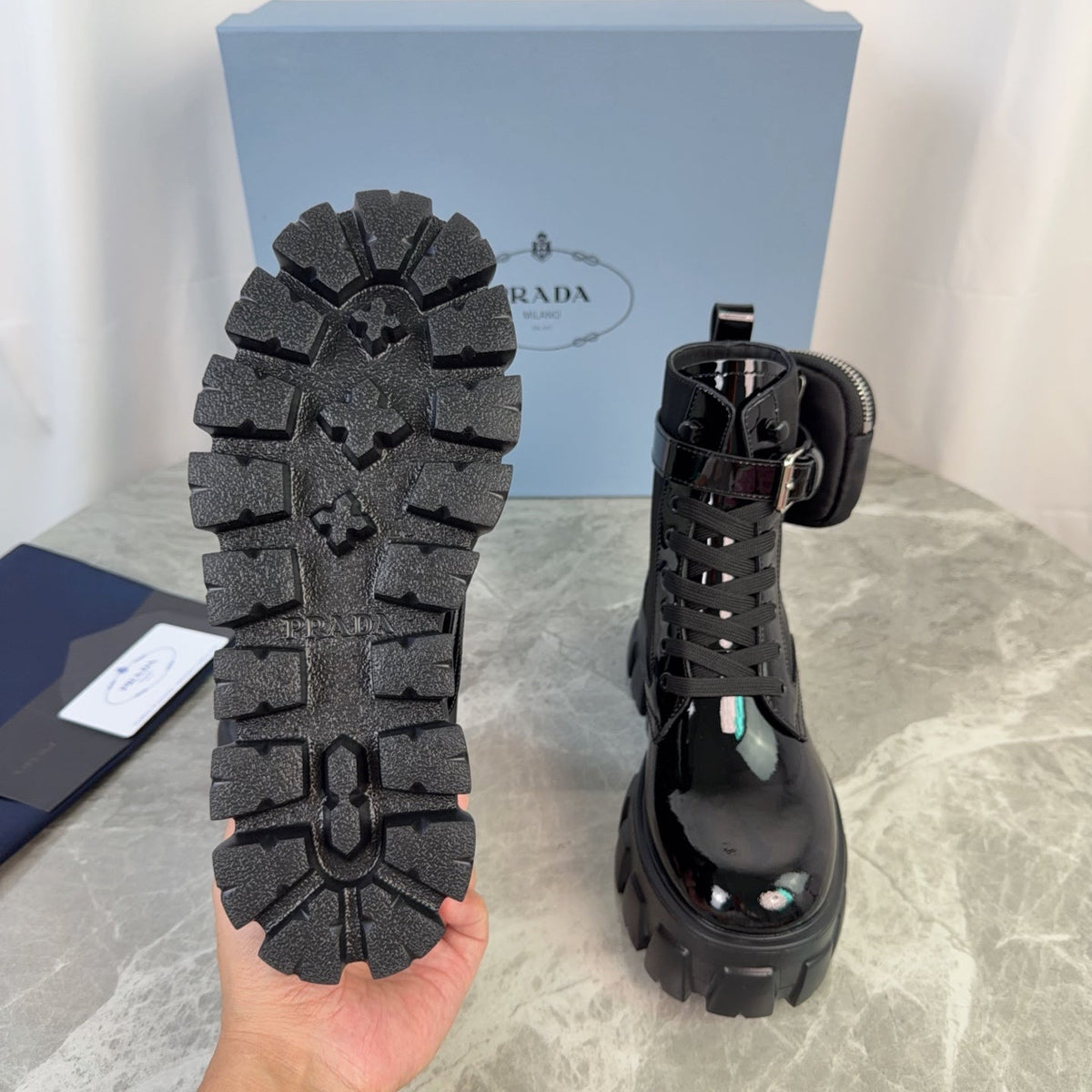 Prada 26s Monolith Boots Black Patent Leather 157671