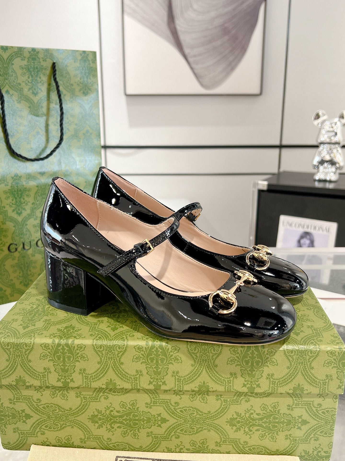 HORSEBIT MARY JANE HEEL IN BLACK CALFSKIN