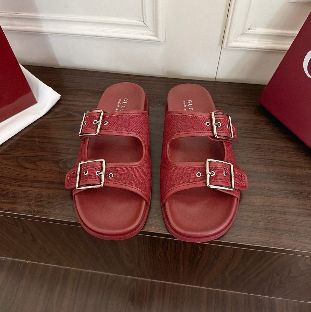 GG 26s Double Buckle Sandals Red Canvas 154153