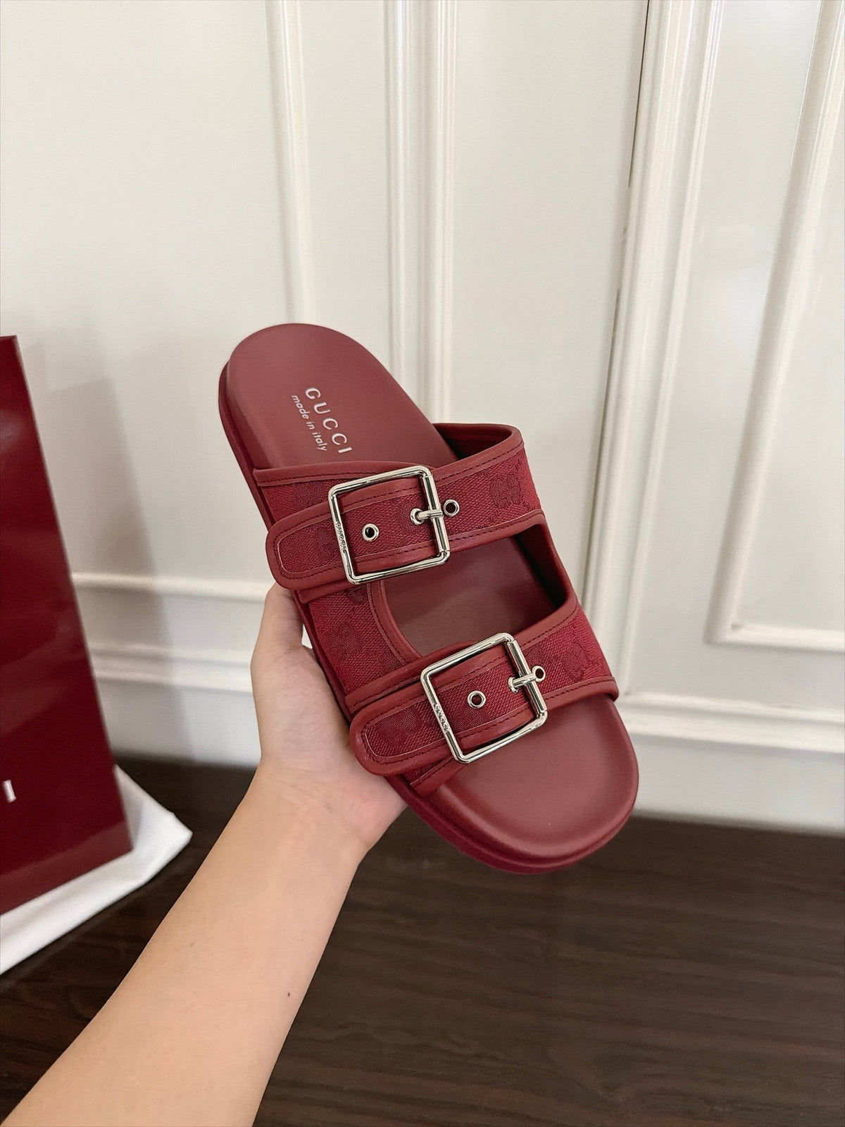 GG 26s Double Buckle Sandals Red Canvas 154153