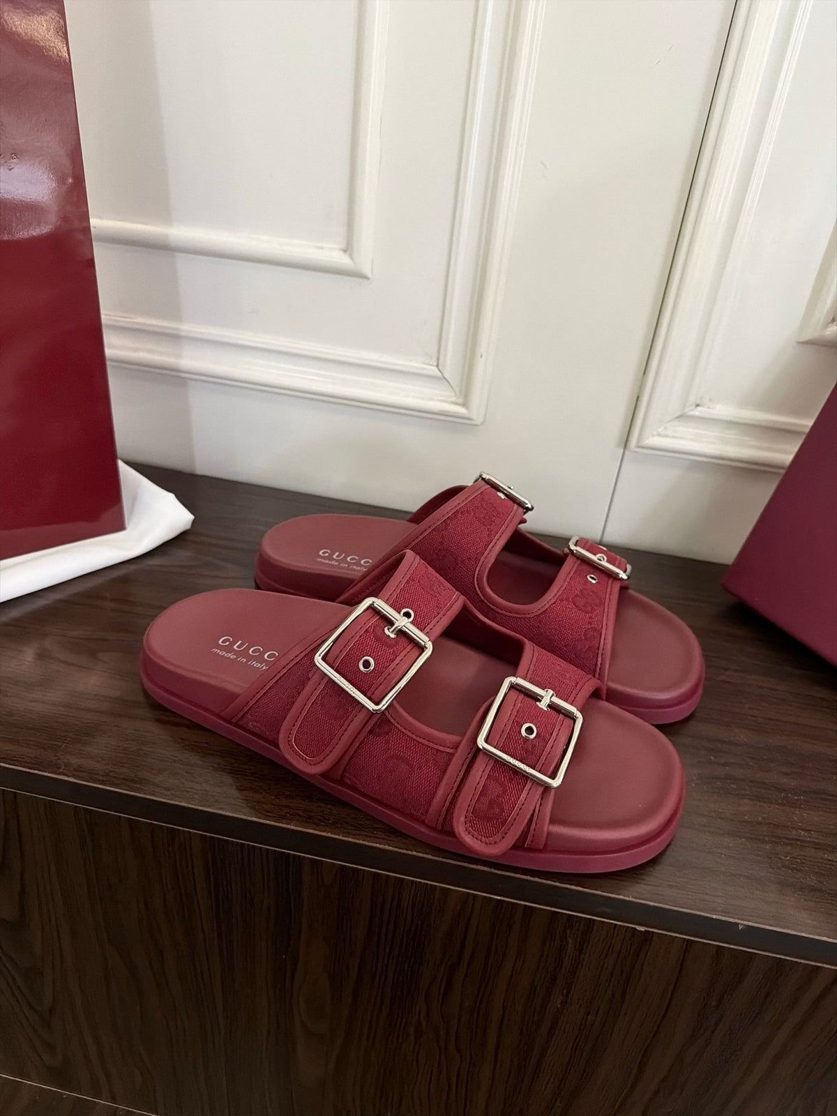 GG 26s Double Buckle Sandals Red Canvas 154153