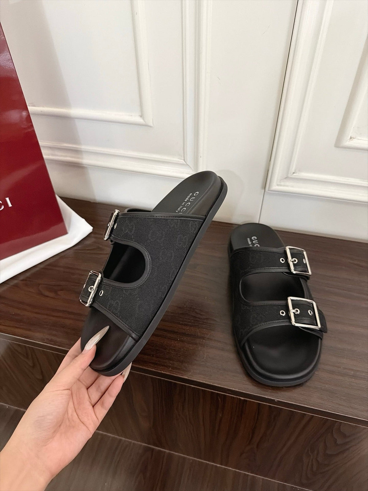 GG 26s Double Buckle Sandals Full Black Canvas 154154