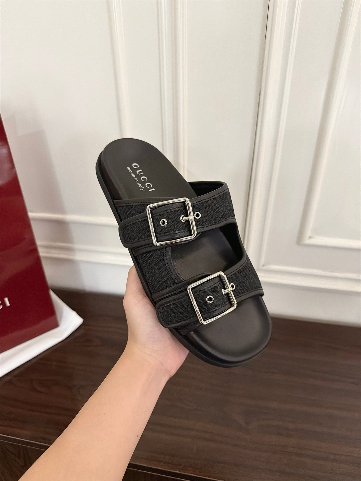 GG 26s Double Buckle Sandals Full Black Canvas 154154