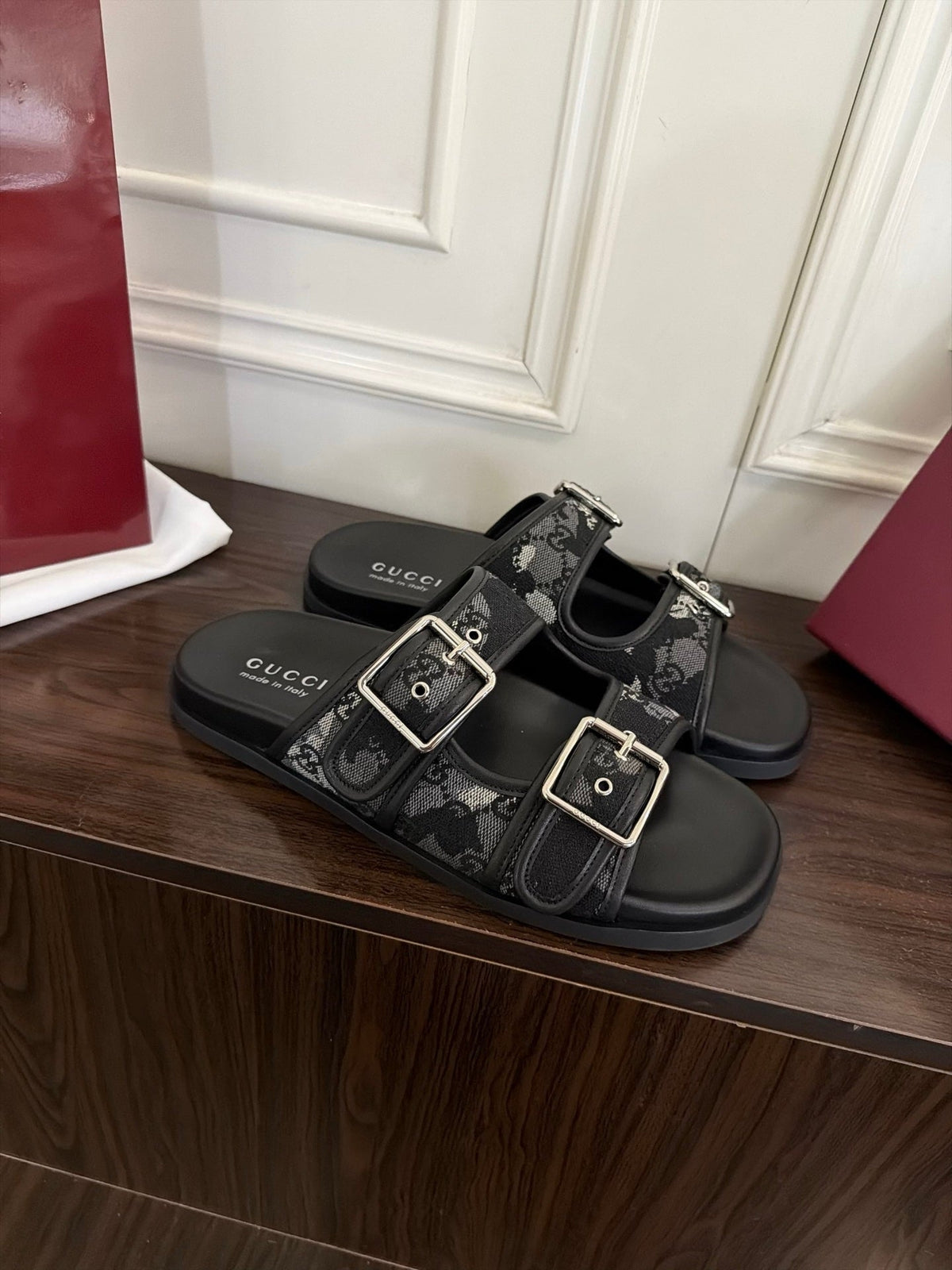 GG 26s Double Buckle Sandals Black Canvas 154157