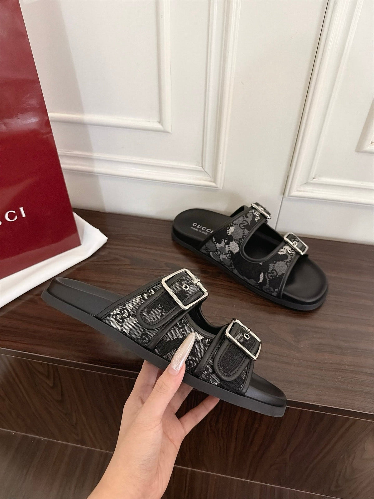 GG 26s Double Buckle Sandals Black Canvas 154157