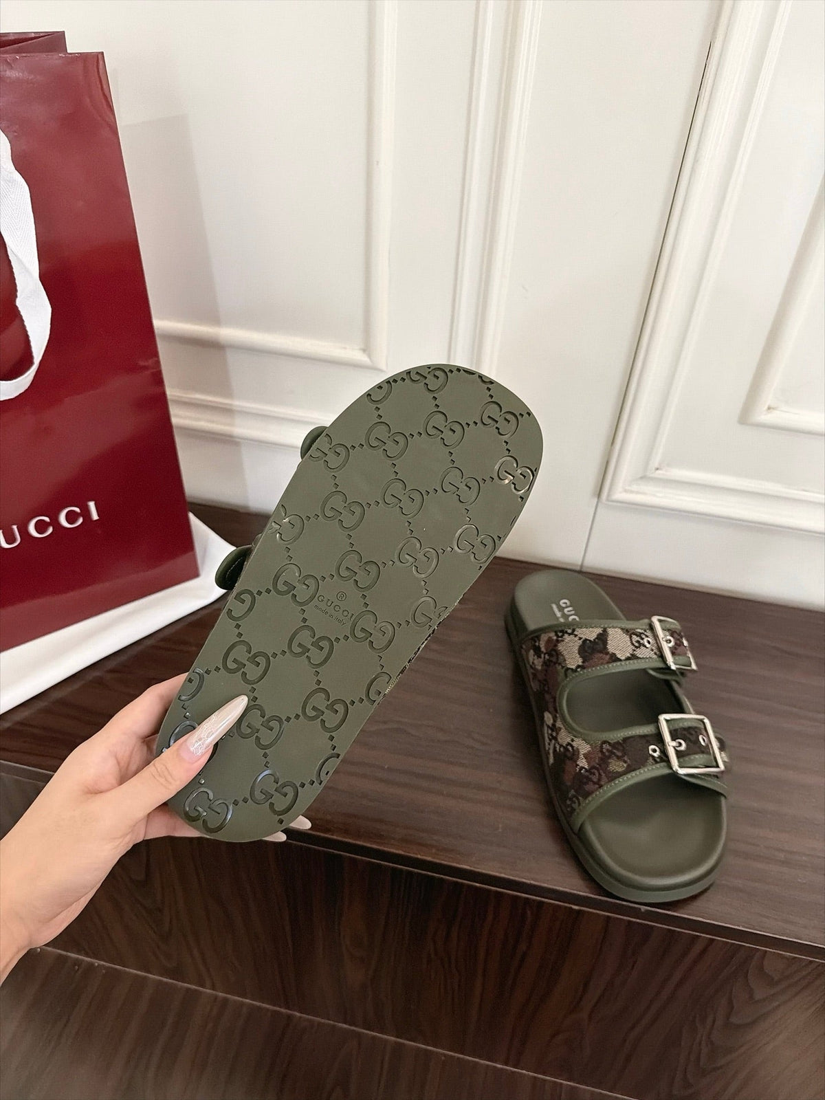 GG 26s Double Buckle Sandals Khaki Green Canvas 154158