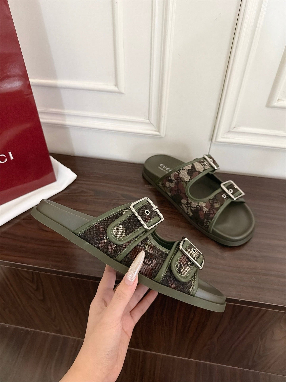 GG 26s Double Buckle Sandals Khaki Green Canvas 154158