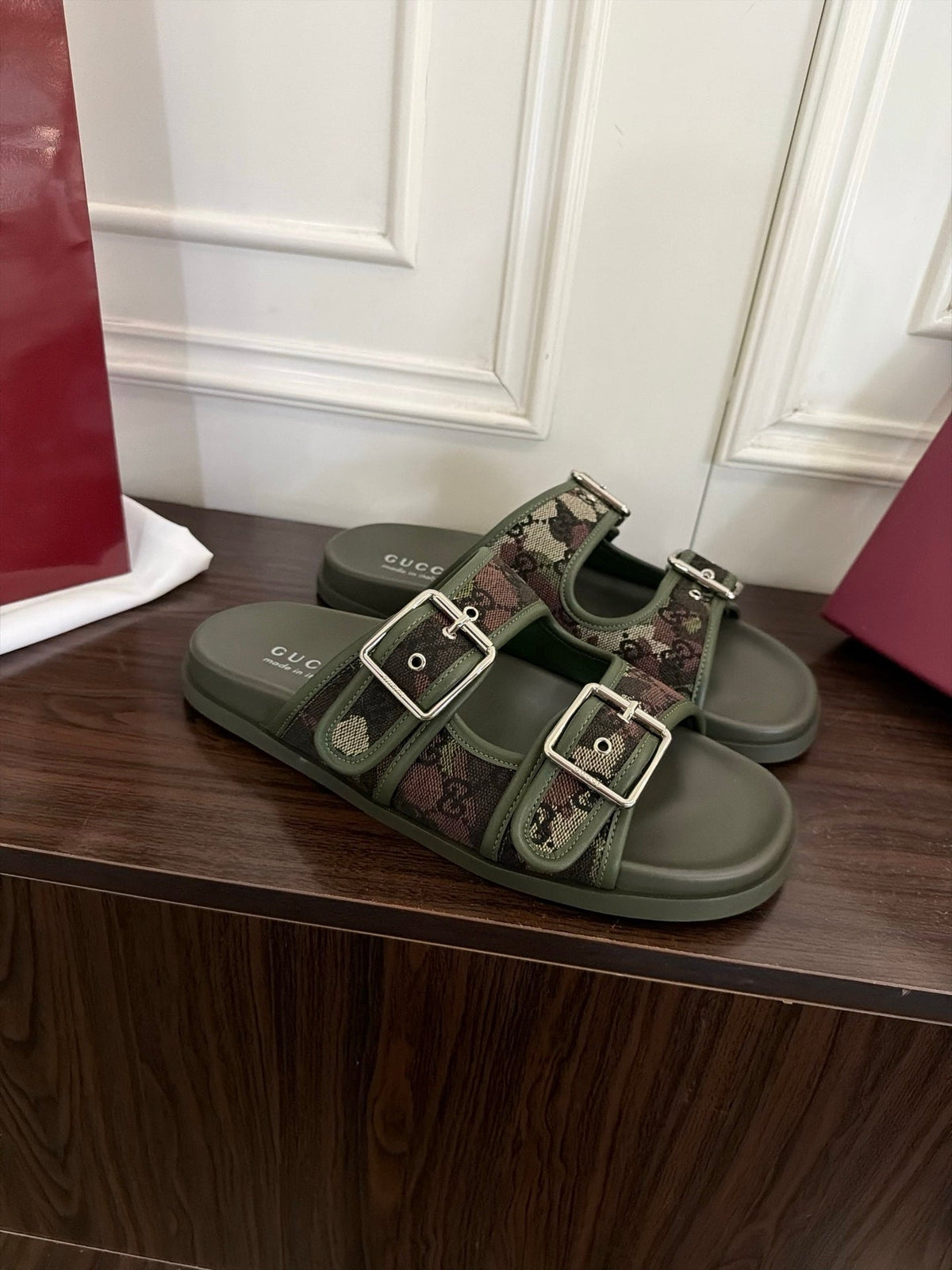 GG 26s Double Buckle Sandals Khaki Green Canvas 154158