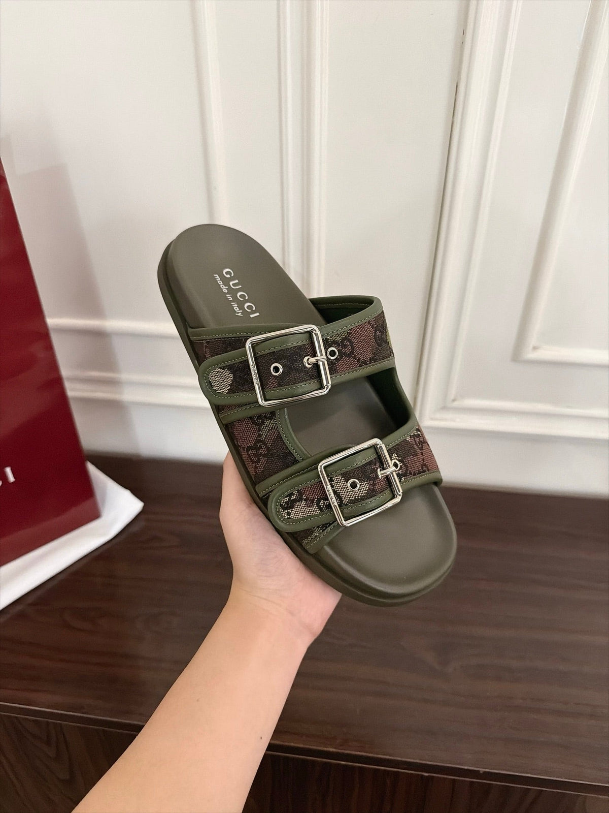 GG 26s Double Buckle Sandals Khaki Green Canvas 154158