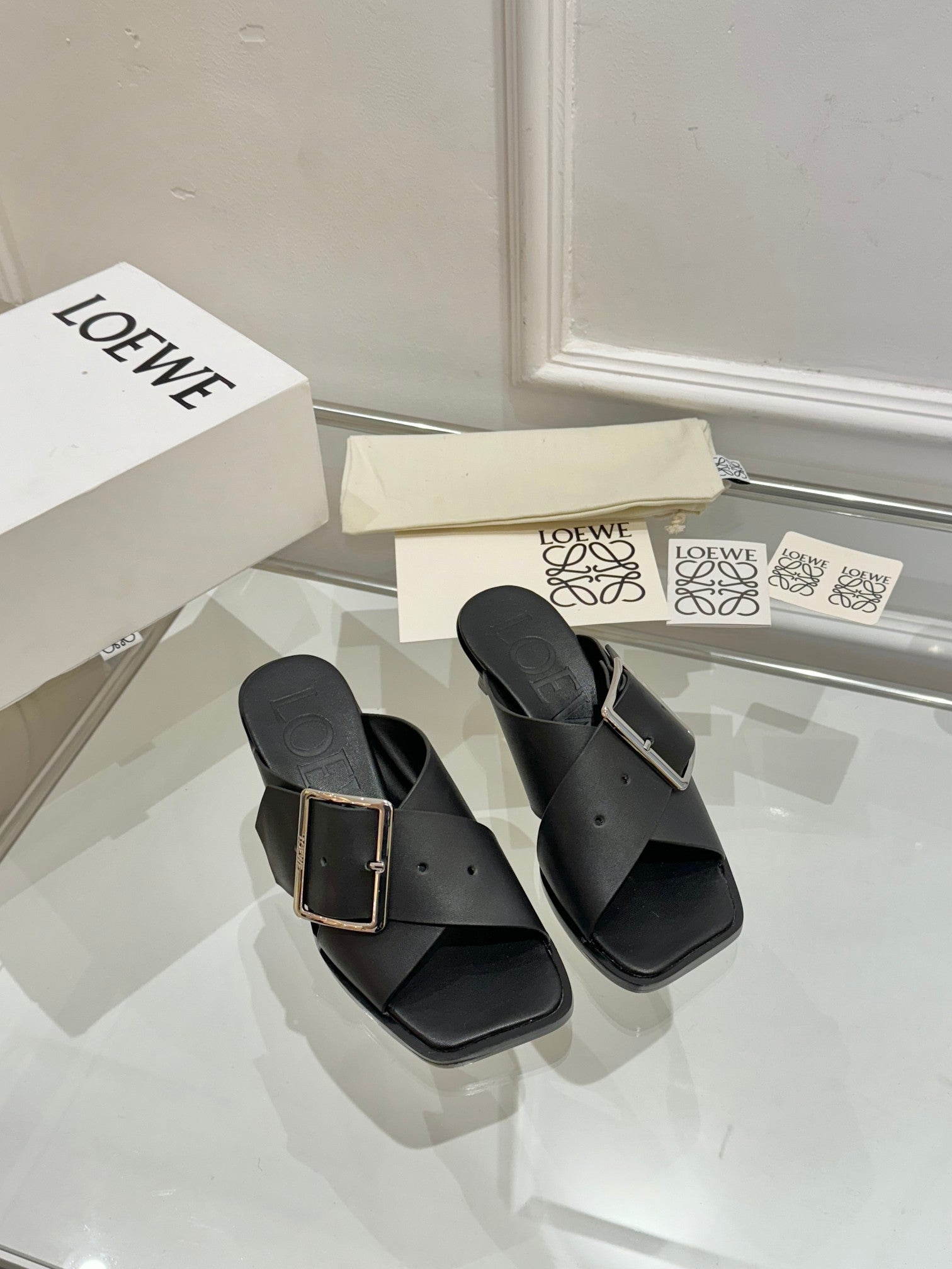 Loewe Petal Buckle Sandals Black Leather 881320