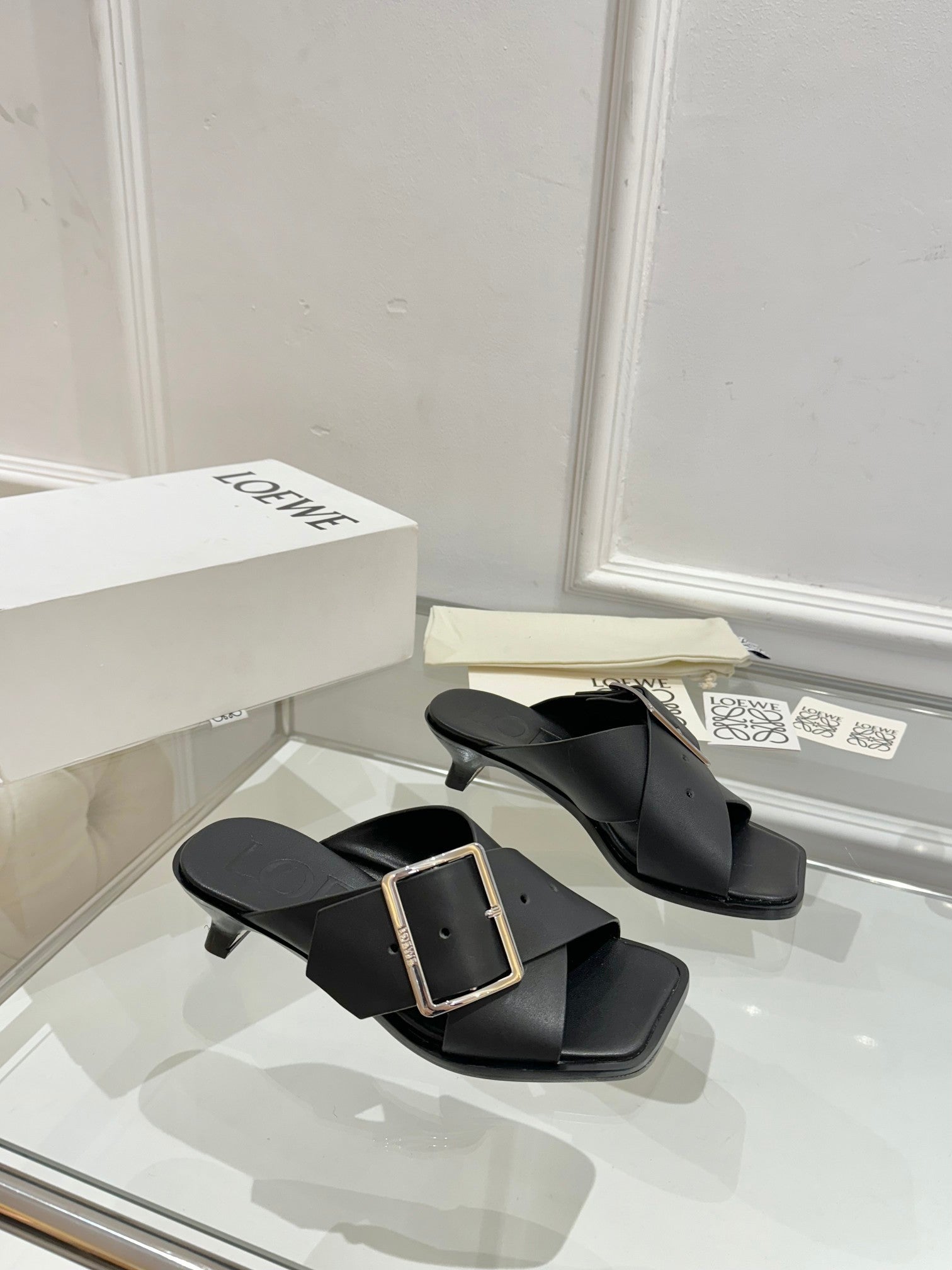 Loewe Petal Buckle Sandals Black Leather 881320