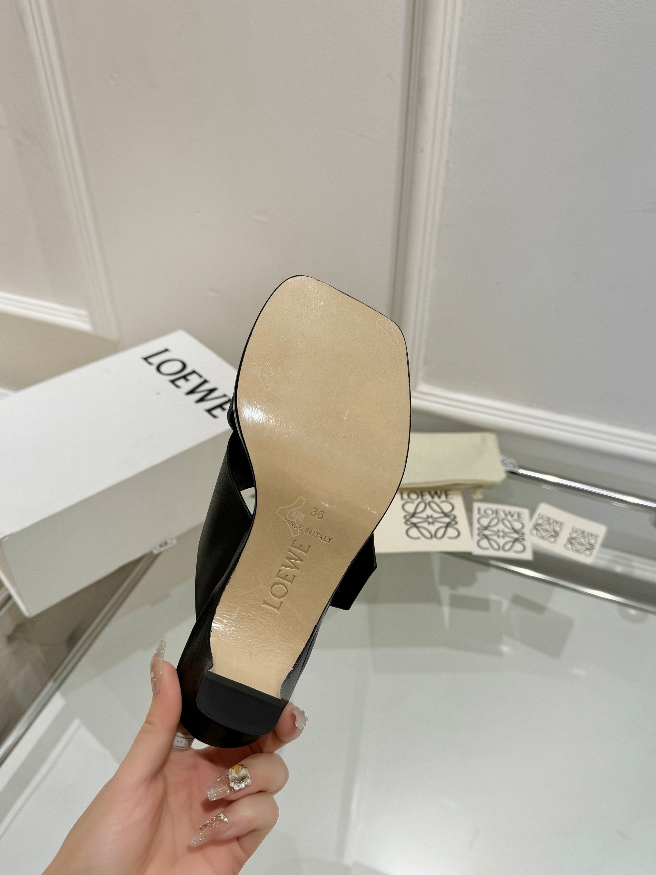 Loewe Petal Buckle Sandals Black Leather 881320
