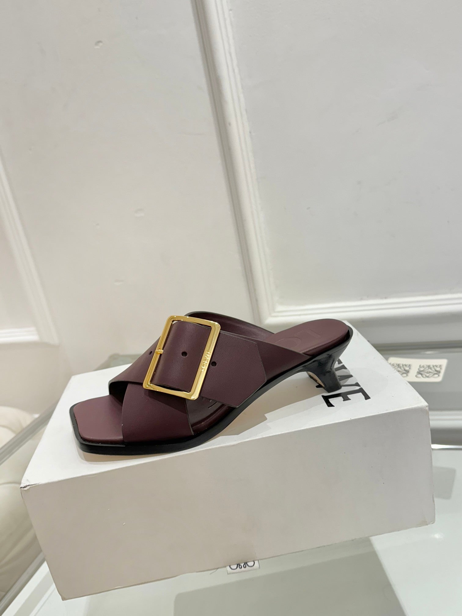 Loewe Petal Buckle Sandals Burgundy Leather 881322
