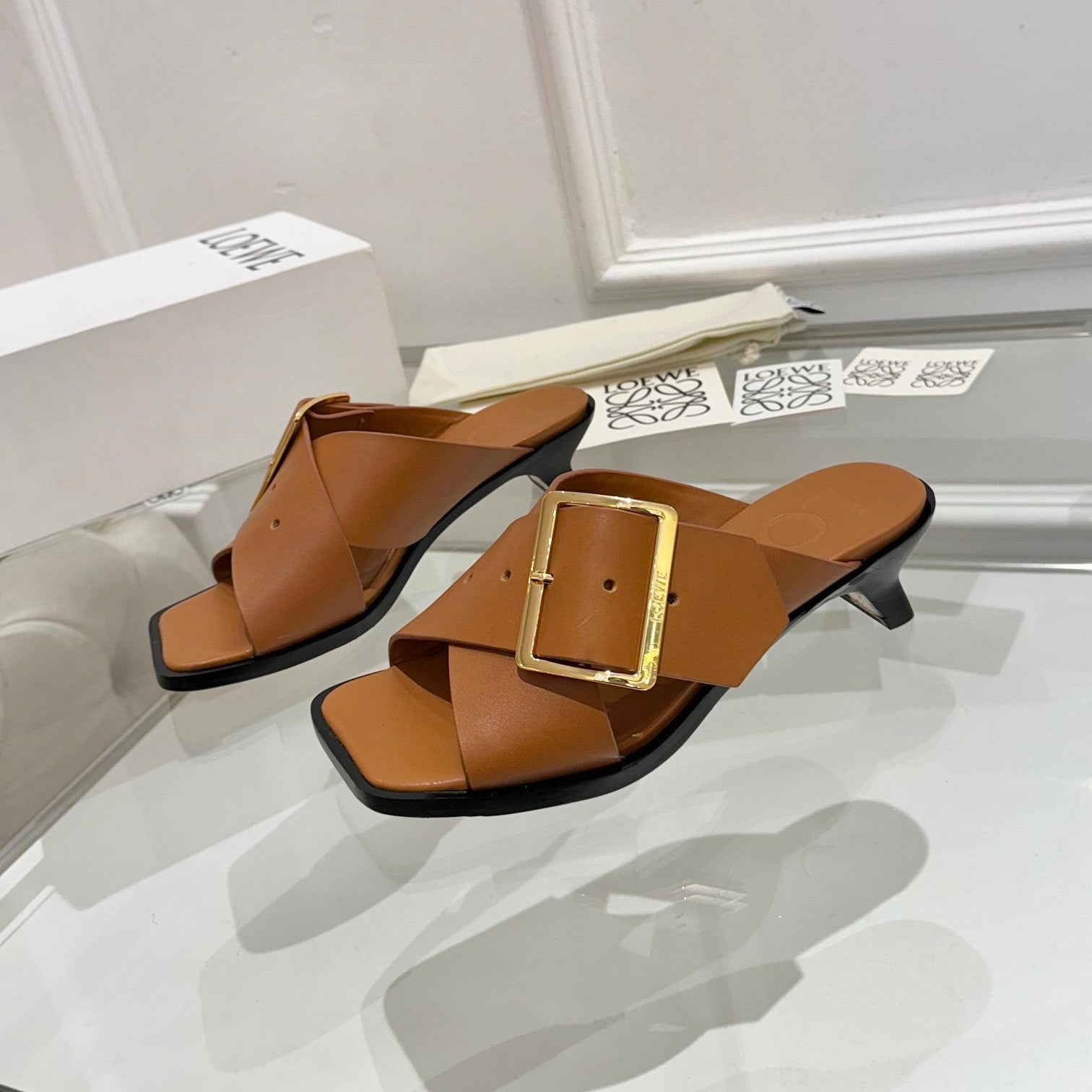 Loewe Petal Buckle Sandals Tan Brown Leather 881323