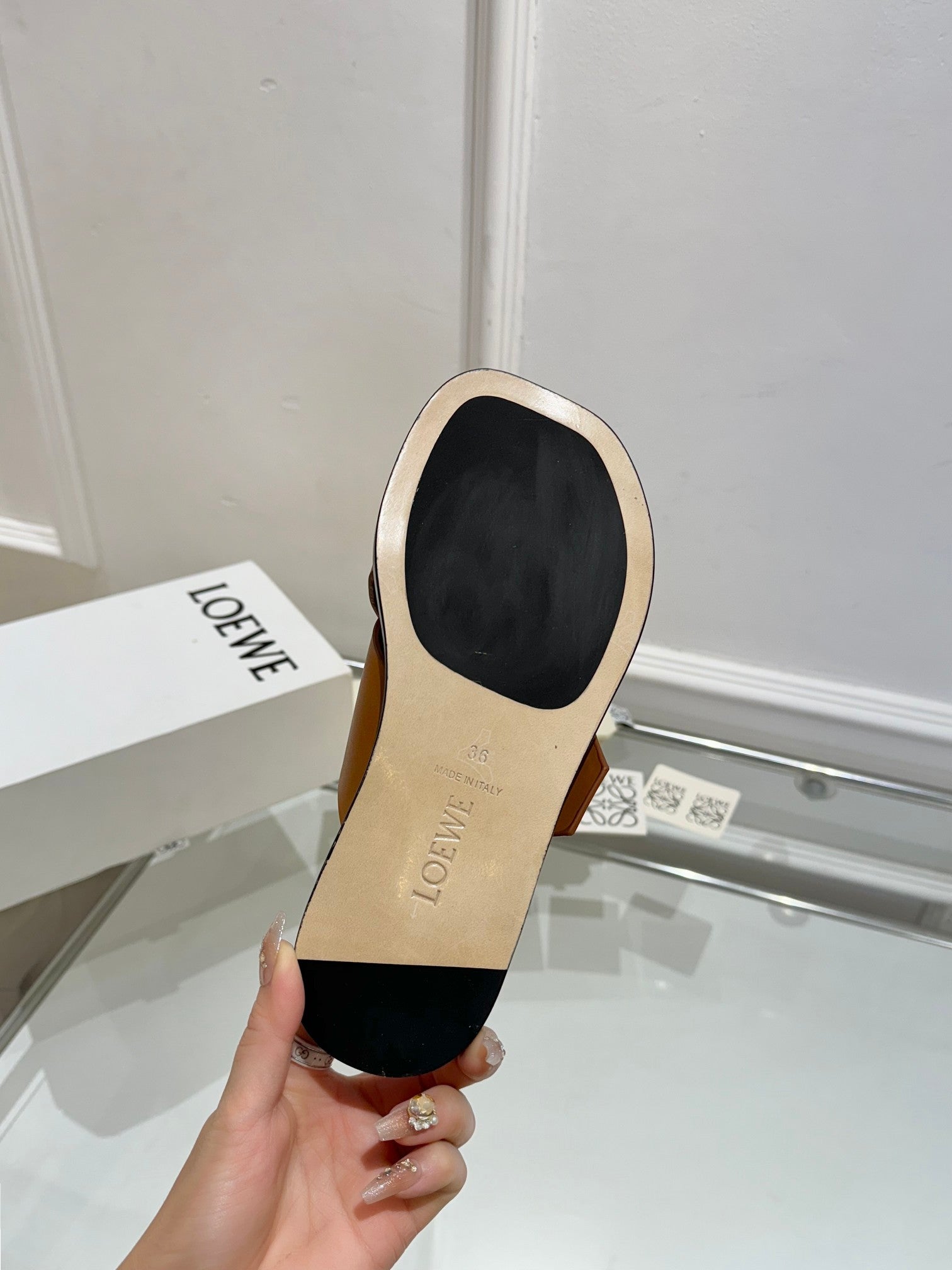 Loewe Petal Buckle Slide Tan Brown Leather 881319