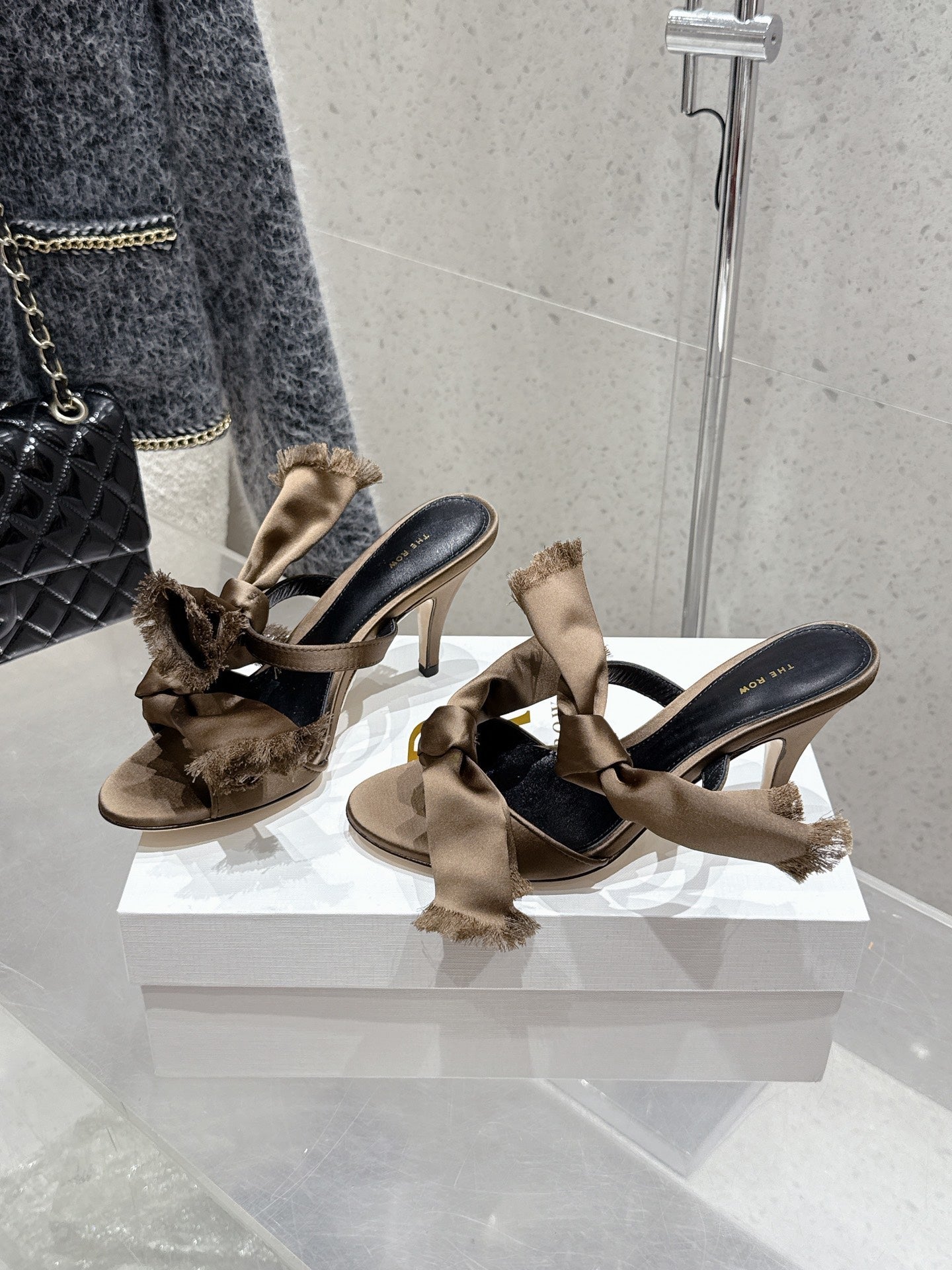 The Row Strap High Heel Mule Sandals 80mm Brown Satin And Black Sheepskin 338379