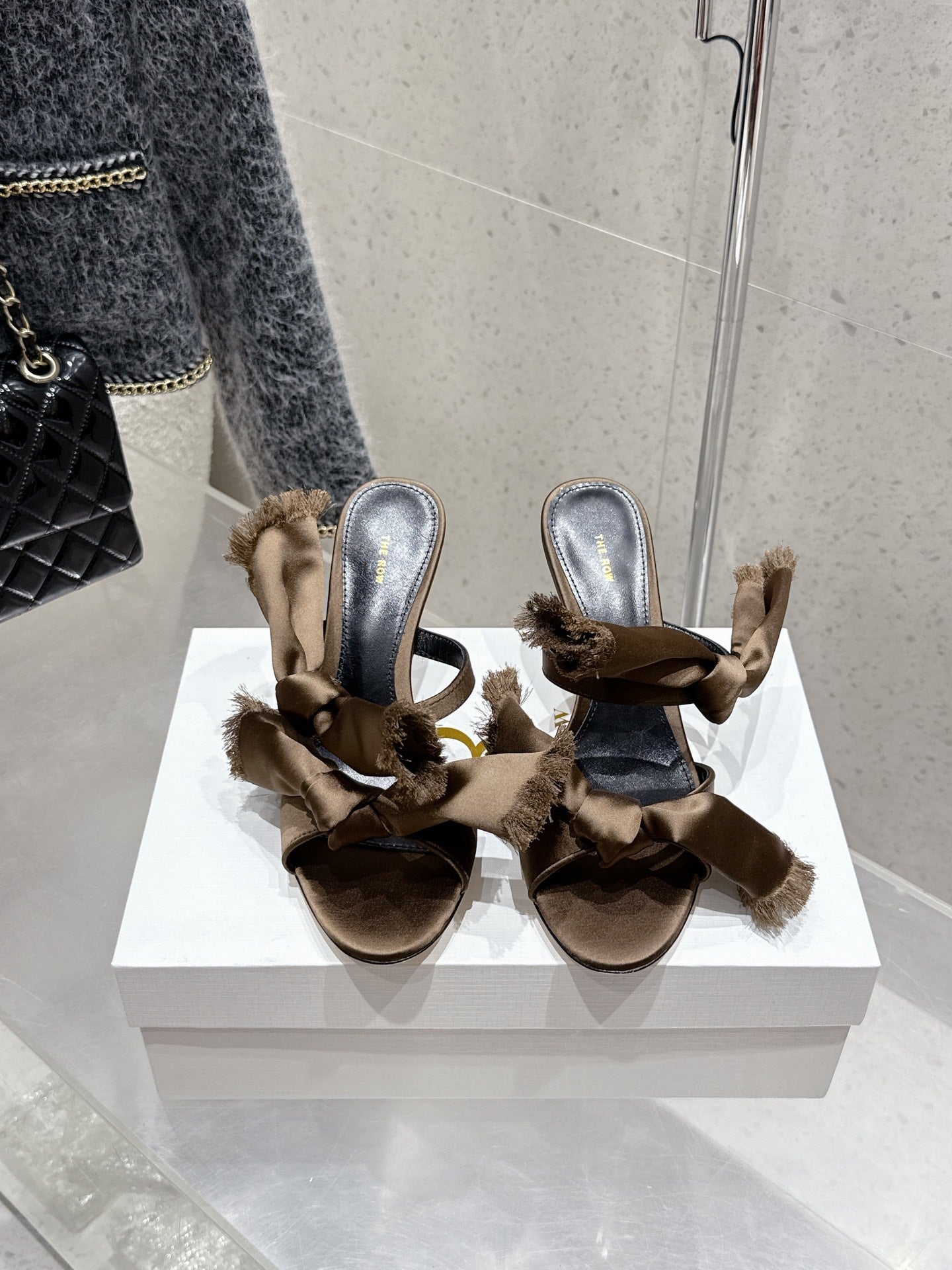 The Row Strap High Heel Mule Sandals 80mm Brown Satin And Black Sheepskin 338379