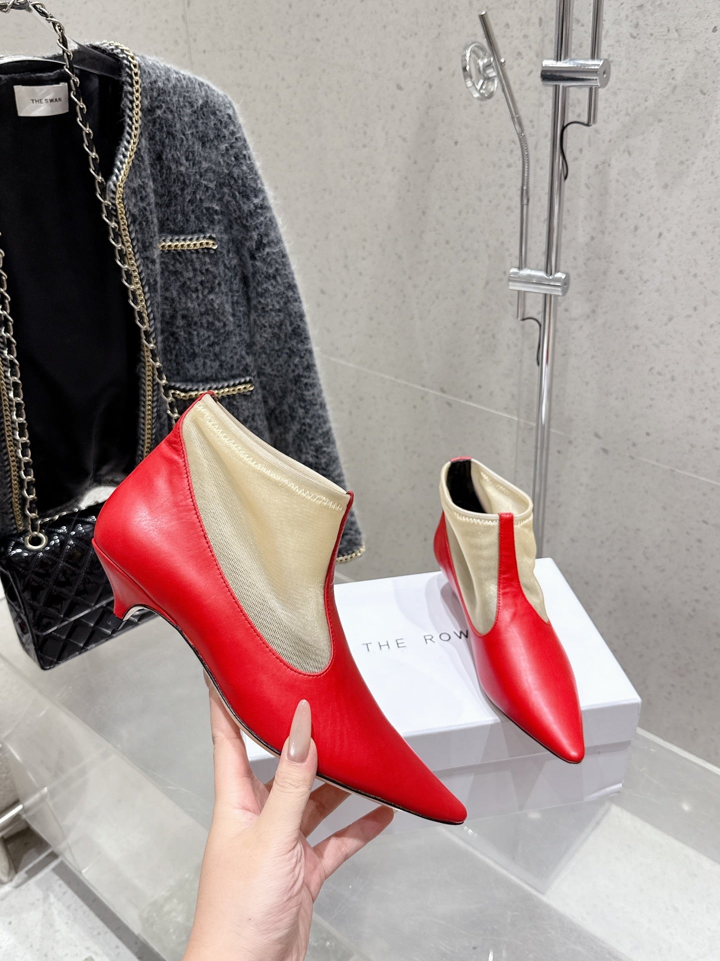 The Row Mesh Bootie 3.5cm Beige Mesh And Red Calfskin 338383