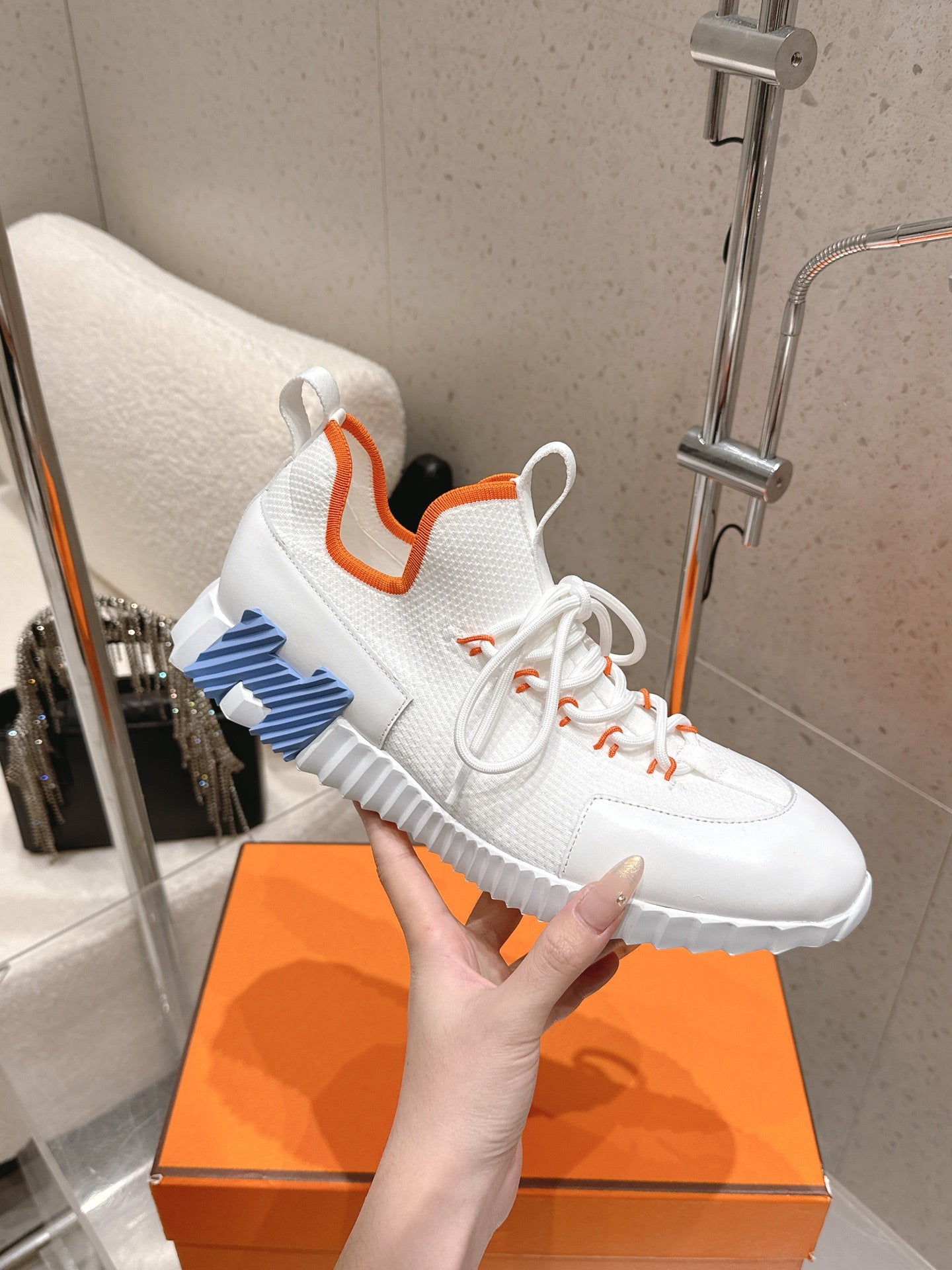 HM Lift Slip-On Sneaker White Orange Blue Fabric Suede 608249