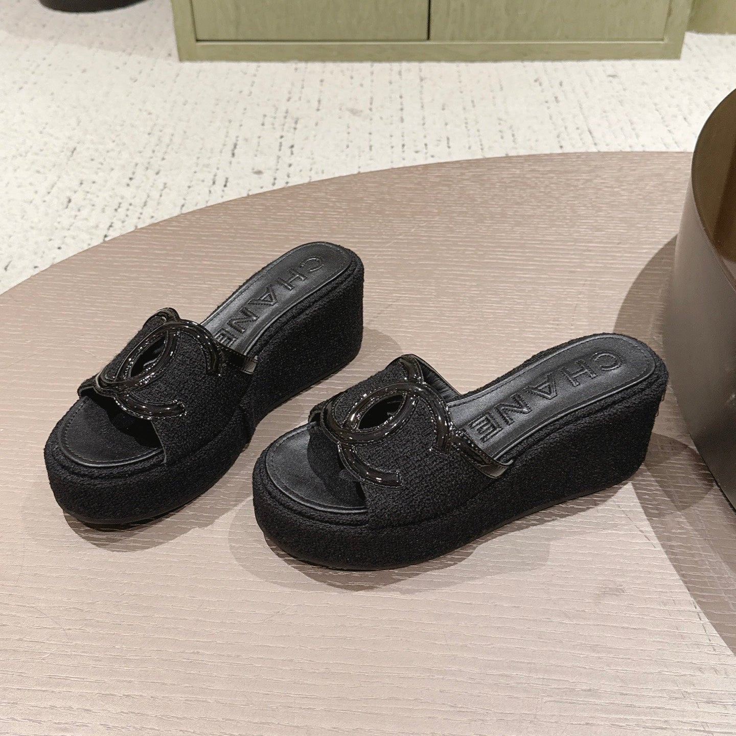 CC 26s Platform Mules Black Lambskin Fabric 916991