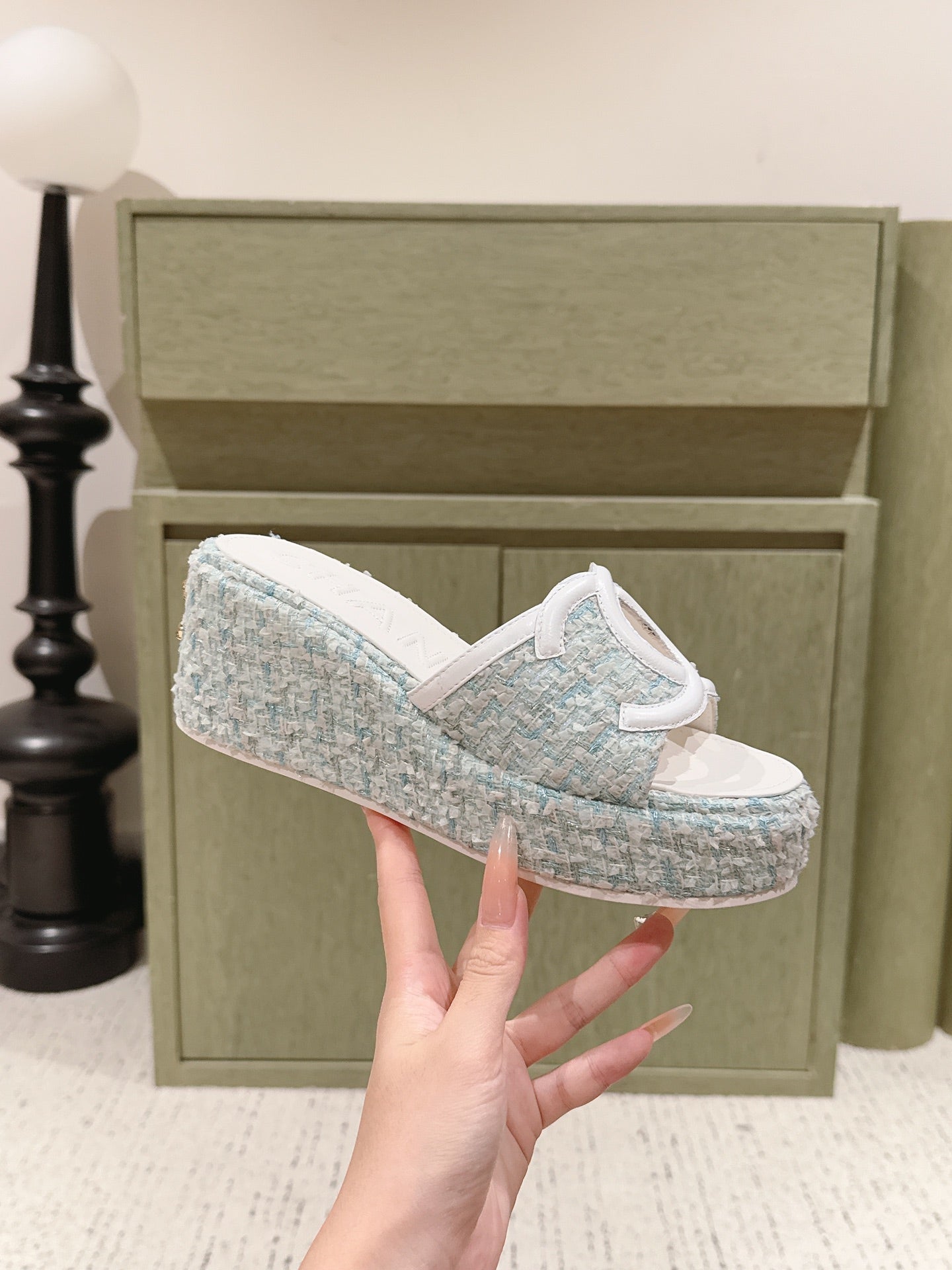 CC 26s Platform Mules Grey Blue Lambskin Fabric 916996