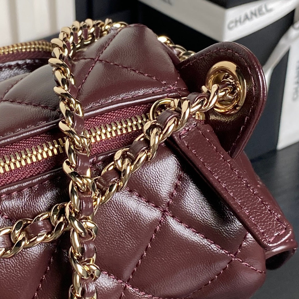 24K Camera Bag Burgundy Calfskin Gold Hardware